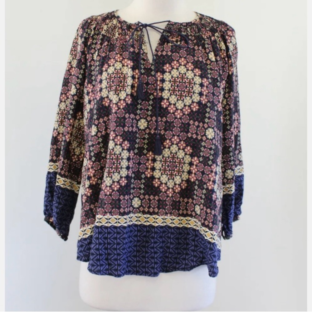 11 1 Tylho Anthropologie Kay Geometric Floral Smocked Peasant Blouse Top  Size M